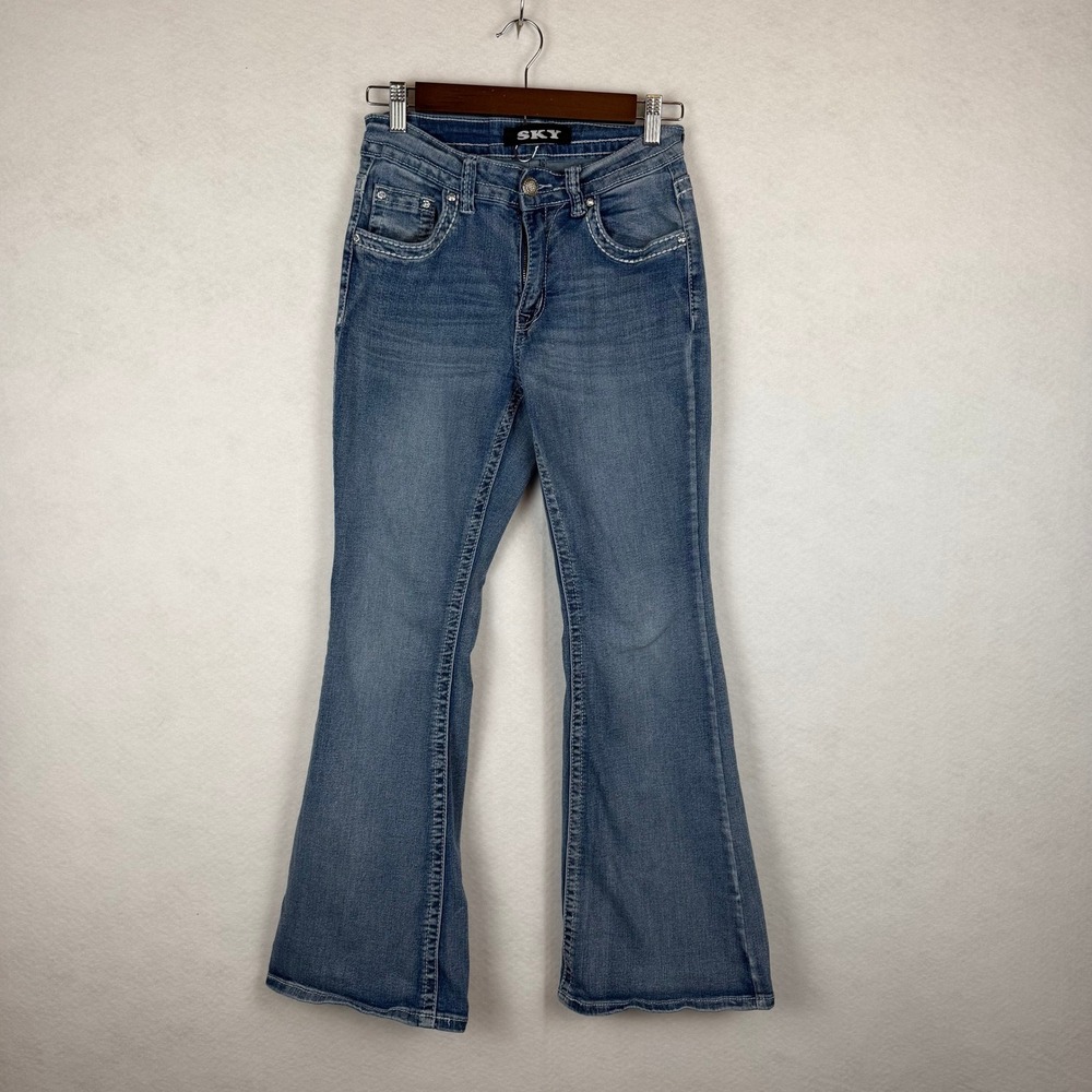 Sky Jeans Bootcut Women 7/8 Blue Embellished Wing Pocket Rhinestone Y2K McBling